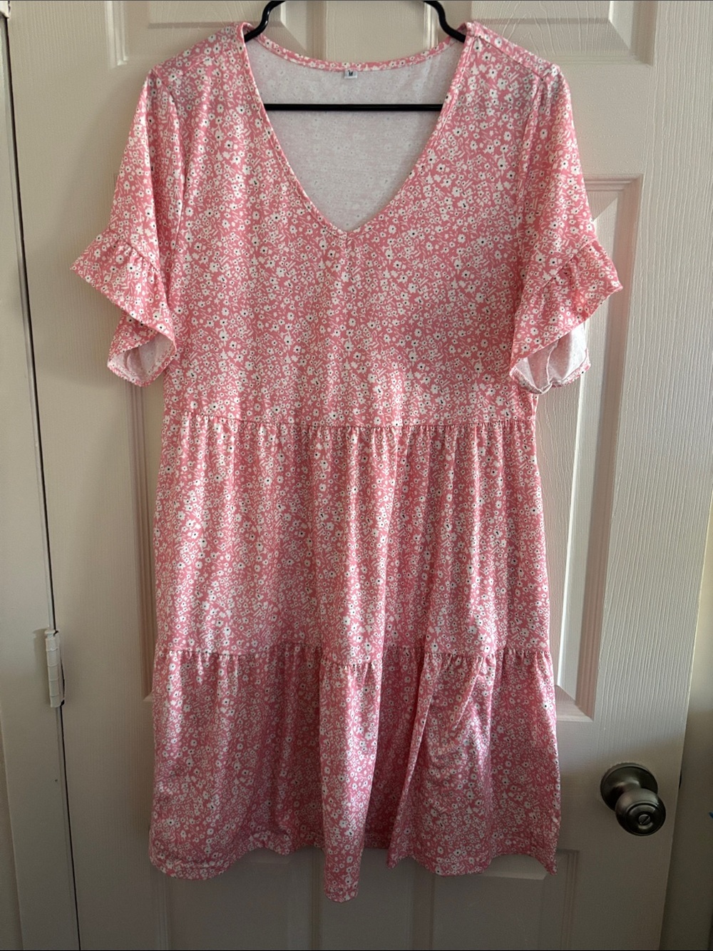 Pink Floral V-Neck Tiered Short Dress